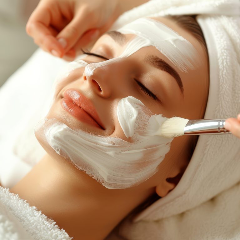 Imagine a woman indulging in a luxurious facial treatment at a spa. The skilled aesthetician gently applies a soothing mask, enhancing relaxation and revitalizing the skin for a luminous appearance
