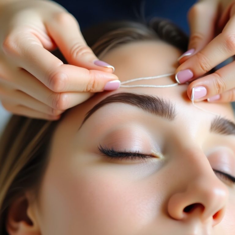 Eyebrow Threading. Woman is getting her eyebrows done by professional