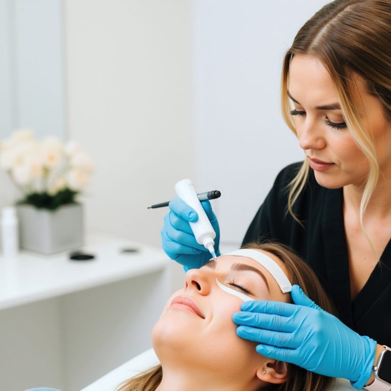 Professional beautician performing eyebrow microblading with needle tool on woman face in beauty salon. Specialist creating precise brow strokes with advanced equipment. Beauty enhancement. treatment