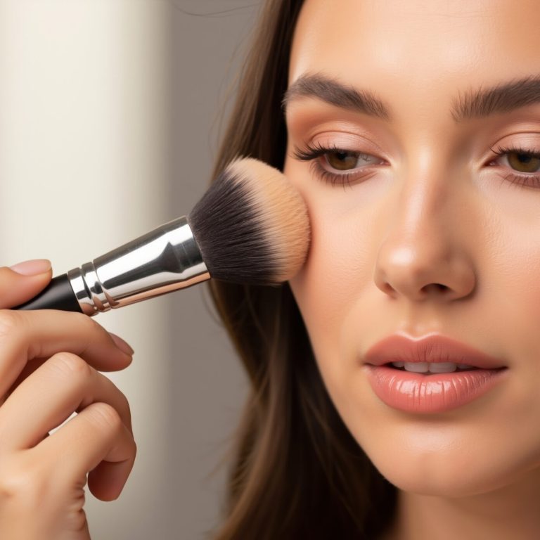 Woman applying powder blush with makeup brush to cheek for professional beauty look. Cosmetic application and salon services for makeup artistry treatments